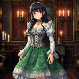 A gothic Victorian maiden anime girl adorned in a tightly laced corset over a white bodice or chemisette, exuding both elegance and mystery