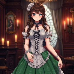 A gothic Victorian maiden anime girl adorned in a tightly laced corset over a white bodice or chemisette, exuding both elegance and mystery