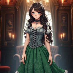 A gothic Victorian maiden anime girl adorned in a tightly laced corset over a white bodice or chemisette, exuding both elegance and mystery