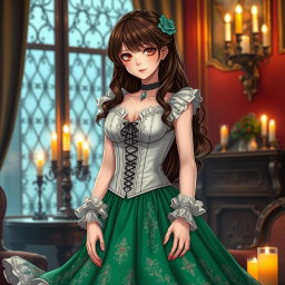 A gothic Victorian maiden anime girl adorned in a tightly laced corset over a white bodice or chemisette, exuding both elegance and mystery