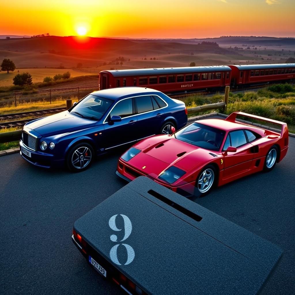 A stunning automotive scene featuring a sleek Ferrari F40 parked beside a luxurious blue Bentley