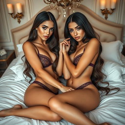 Two gorgeous young tan Arabic twin sisters with long brunette hair, showcasing their thin and petite figures, featuring small cup sizes and small booties