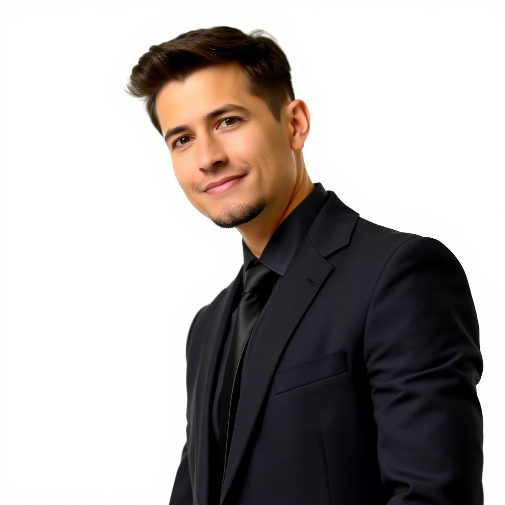 A business professional standing confidently in a black suit, complemented by a black necktie