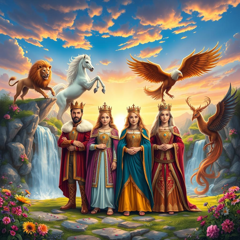 In a vibrant fantasy world, four siblings, each adorned in royal garments representing their unique personalities, stand proudly as Kings and Queens