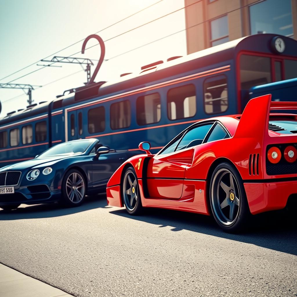A stunning and powerful scene showcasing a Ferrari F40 in vibrant red, parked alongside a luxurious blue Bentley, both vehicles glistening under the sunlight