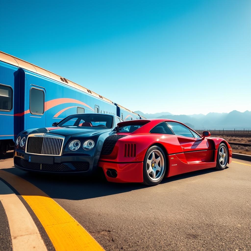 A stunning scene featuring a Ferrari F40 and a luxurious Bentley parked side by side on a vibrant blue train