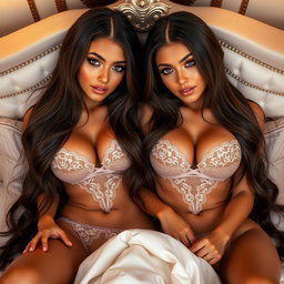 Two gorgeous young tan Arabic twin sisters with long brunette hair, exhibiting thin and petite figures with small cup sizes and small booties, dressed in alluring lingerie
