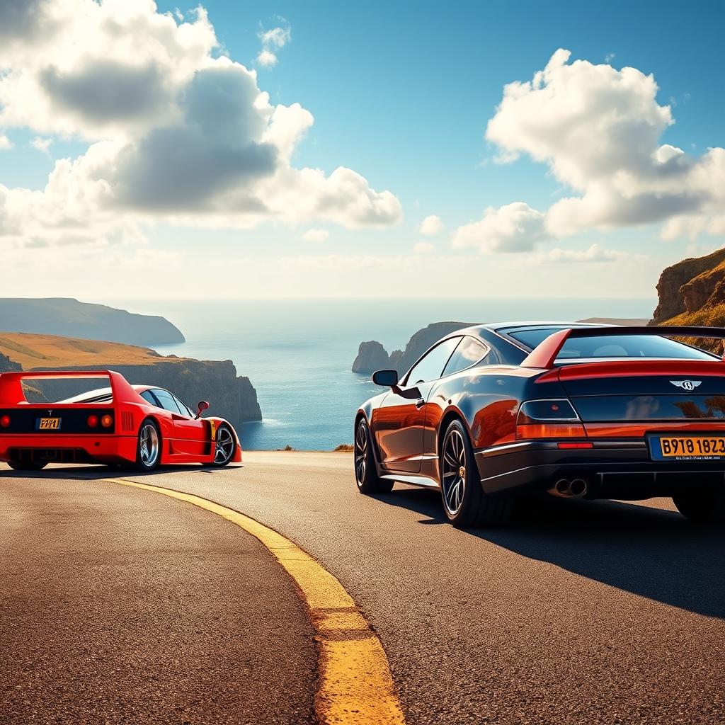 A stunning automotive scene featuring a Ferrari F40 and a Bentley "Blue Train" parked side by side on a winding coastal road
