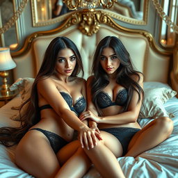 Two gorgeous young tan Arabic twin sisters with long brunette hair, showcasing their thin and petite figures, featuring small cup sizes and small booties