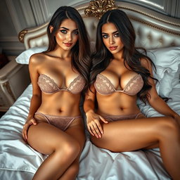 Two gorgeous young tan Arabic twin sisters with long brunette hair, showcasing their thin and petite figures, featuring small cup sizes and small booties