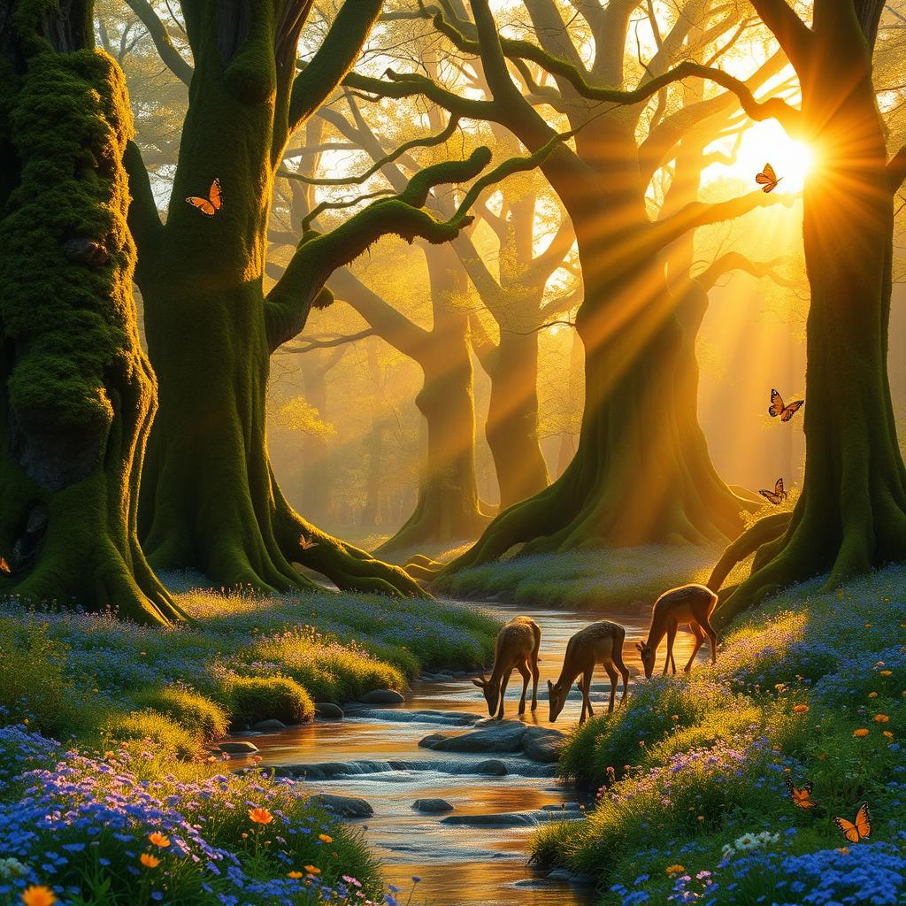 A serene landscape at sunrise depicting an enchanted forest with towering ancient trees covered in lush green moss