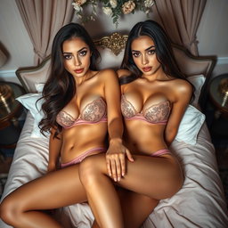 Two gorgeous young tan Arabic twin sisters with long brunette hair, displaying their thin and petite figures, featuring small cup sizes and small booties, wearing alluring lingerie