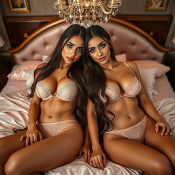 Two stunning young tan Arabic twin sisters with long, flowing brunette hair, displaying their thin and petite figures, featuring small cup sizes and small booties, dressed in alluring lingerie