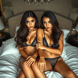 Two stunning young tan Arabic twin sisters with long, flowing brunette hair, displaying their thin and petite figures, featuring small cup sizes and small booties, dressed in alluring lingerie