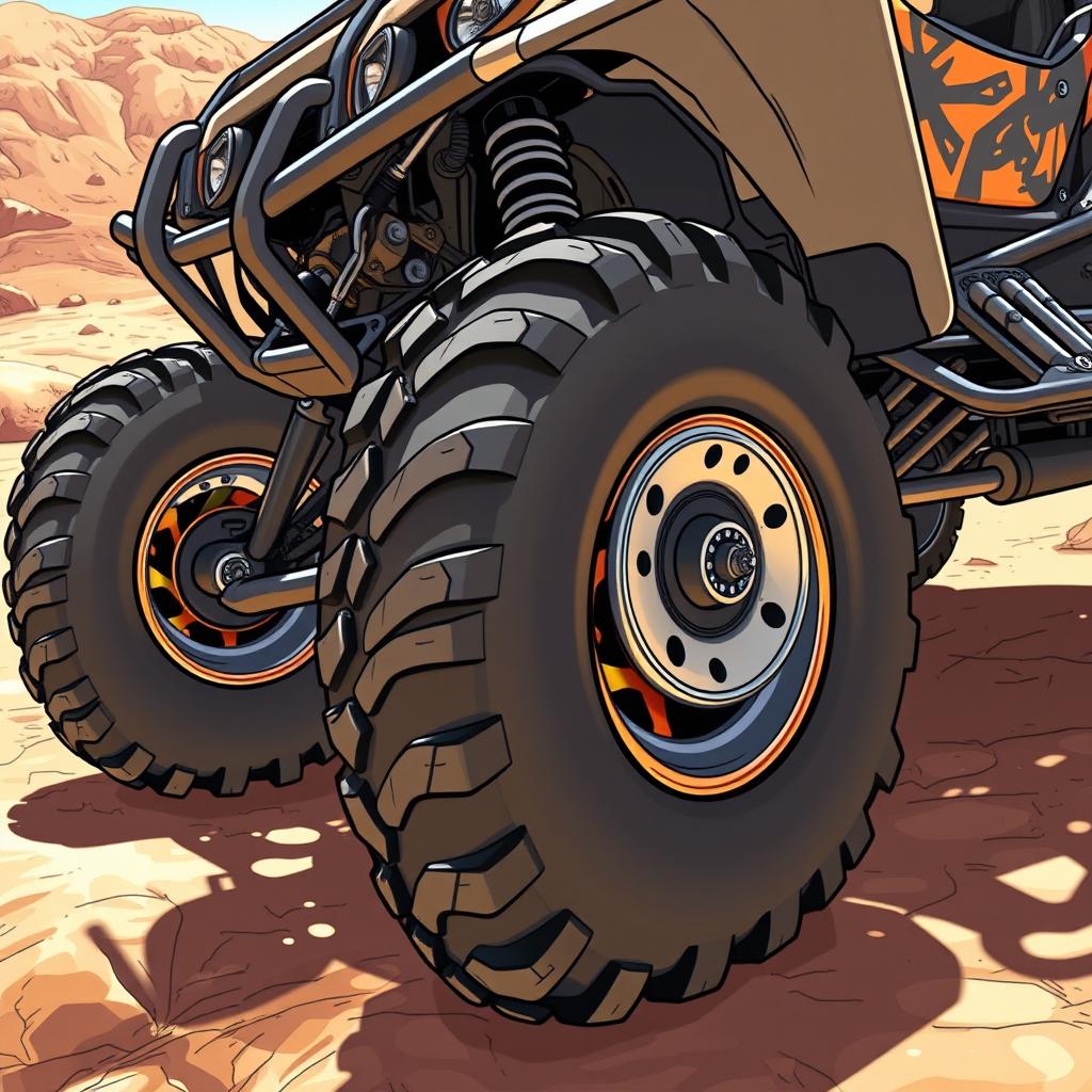 An illustration of a highly customized off-road vehicle featuring modified wheels and added foot pegs