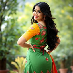 A beautiful Pakistani woman showcasing her confidence and charm, wearing a vibrant traditional dress adorned with intricate embroidery