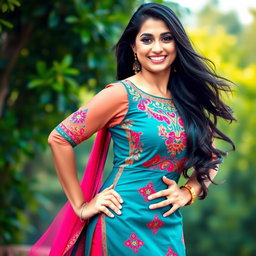 A beautiful Pakistani woman showcasing her confidence and charm, wearing a vibrant traditional dress adorned with intricate embroidery