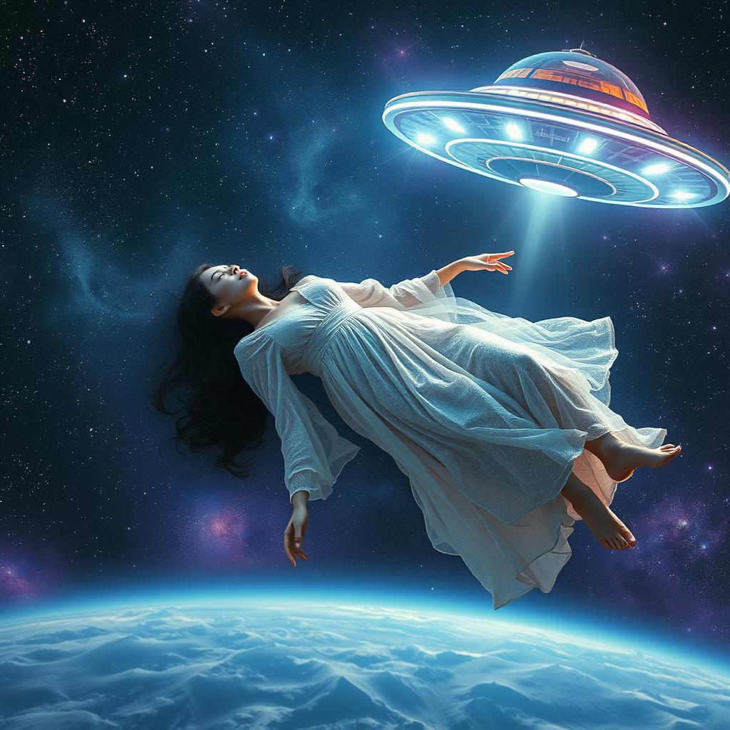 A surreal and haunting scene depicting a deceased Asian woman floating in space, surrounded by stars and galaxies