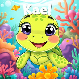 A playful cartoon illustration of a character named Kael, who is a cheerful green turtle