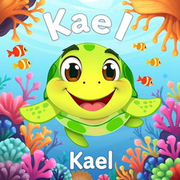 A playful cartoon illustration of a character named Kael, who is a cheerful green turtle