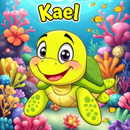 A playful cartoon illustration of a character named Kael, who is a cheerful green turtle