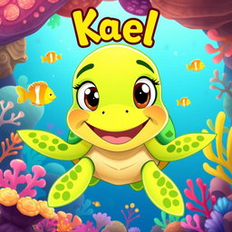 A playful cartoon illustration of a character named Kael, who is a cheerful green turtle