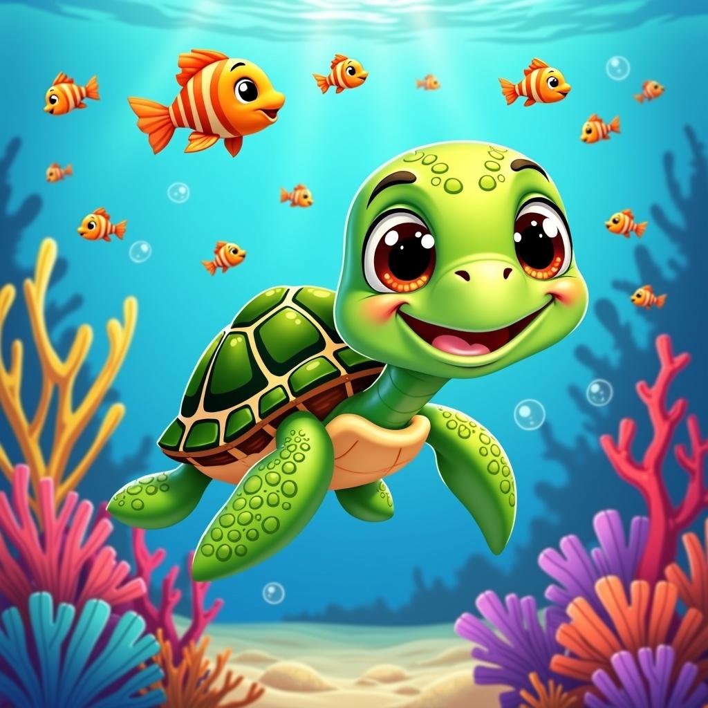 A vibrant cartoon illustration of a character named Kael, a green turtle