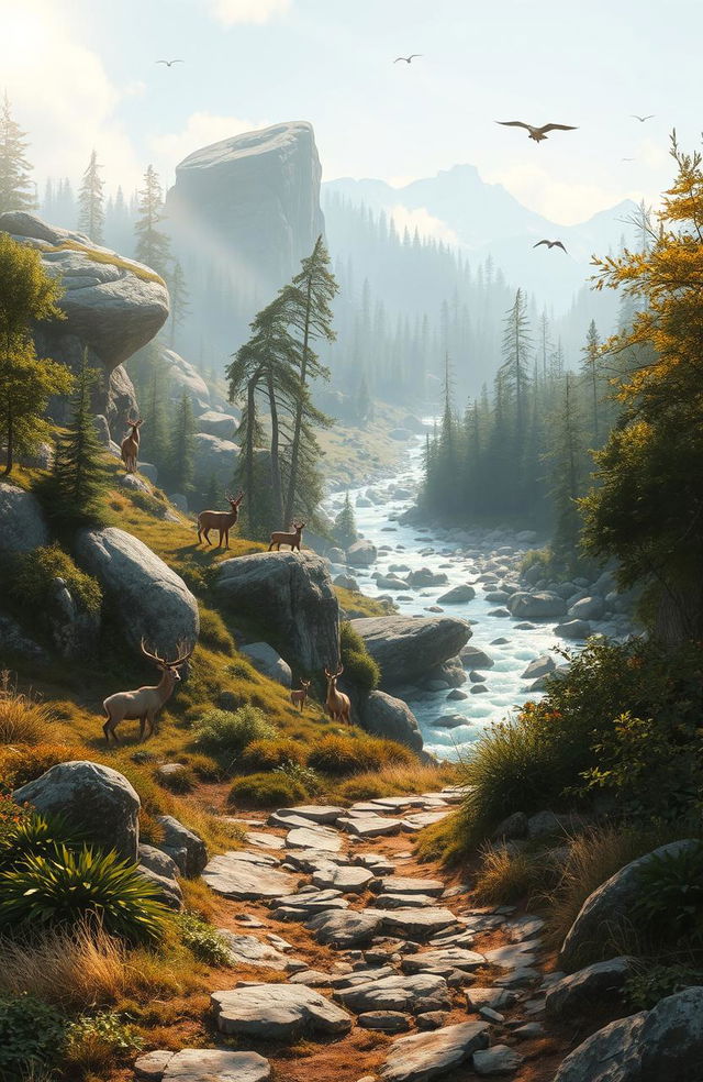A serene landscape depicting various natural obstacles like large boulders, dense forests, and a flowing river, with a diverse array of wildlife, such as deer and birds, interacting within the setting