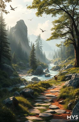 A serene landscape depicting various natural obstacles like large boulders, dense forests, and a flowing river, with a diverse array of wildlife, such as deer and birds, interacting within the setting