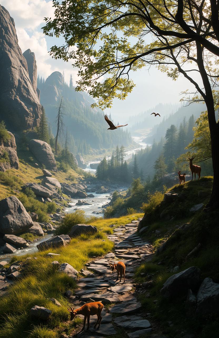 A serene landscape depicting various natural obstacles like large boulders, dense forests, and a flowing river, with a diverse array of wildlife, such as deer and birds, interacting within the setting