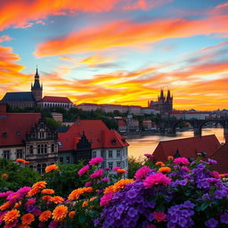 A picturesque landscape of the Czech Republic showcasing the stunning architecture of Prague, including the iconic Charles Bridge and Prague Castle, set against a vibrant sunset