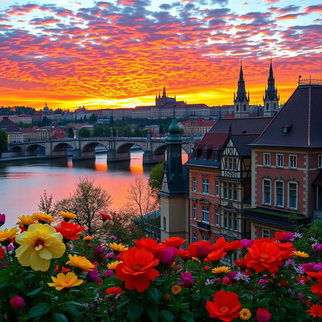 A picturesque landscape of the Czech Republic showcasing the stunning architecture of Prague, including the iconic Charles Bridge and Prague Castle, set against a vibrant sunset