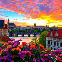 A picturesque landscape of the Czech Republic showcasing the stunning architecture of Prague, including the iconic Charles Bridge and Prague Castle, set against a vibrant sunset