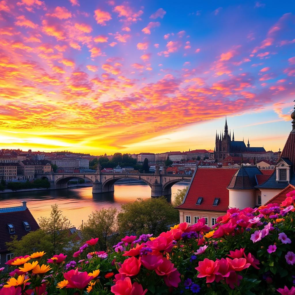 A picturesque landscape of the Czech Republic showcasing the stunning architecture of Prague, including the iconic Charles Bridge and Prague Castle, set against a vibrant sunset