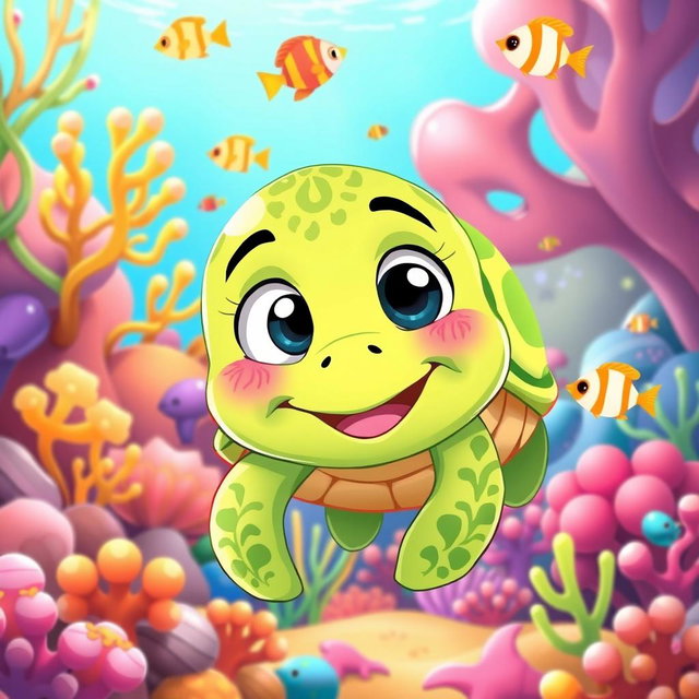 A charming cartoon illustration of a character named Caio, who is a lively green turtle