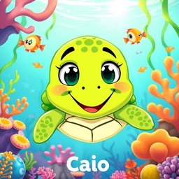A charming cartoon illustration of a character named Caio, who is a lively green turtle