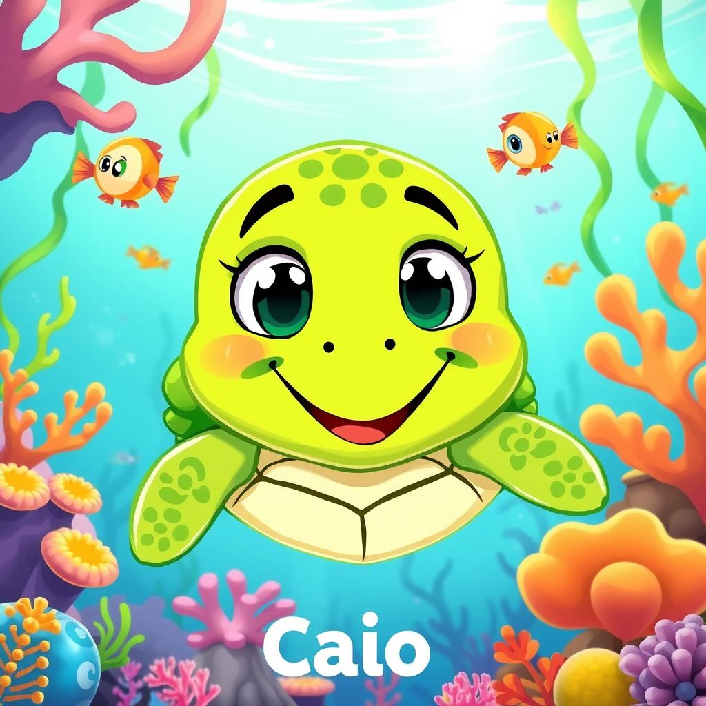 A charming cartoon illustration of a character named Caio, who is a lively green turtle