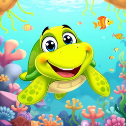A charming cartoon illustration of a character named Caio, who is a lively green turtle