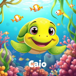 A charming cartoon illustration of a character named Caio, who is a lively green turtle