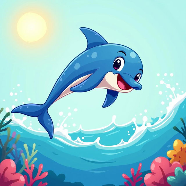 A delightful cartoon illustration of a character named Lira, who is a cheerful dolphin