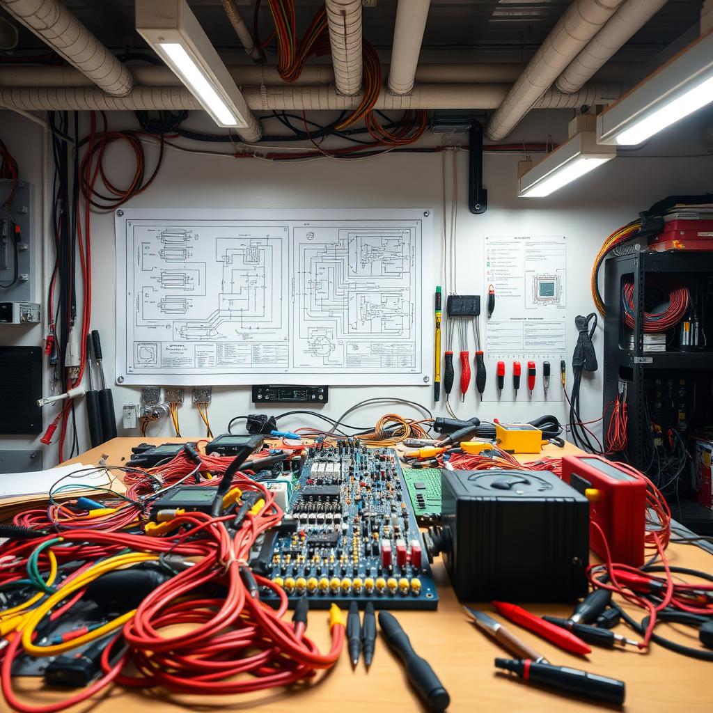 An intricate engineering workspace focused on the design and assembly of an electric panel