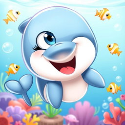 A delightful cartoon illustration of a character named Lira, who is a friendly dolphin