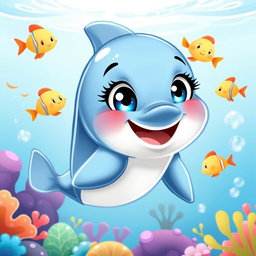 A delightful cartoon illustration of a character named Lira, who is a friendly dolphin