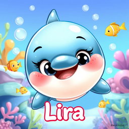 A delightful cartoon illustration of a character named Lira, who is a friendly dolphin
