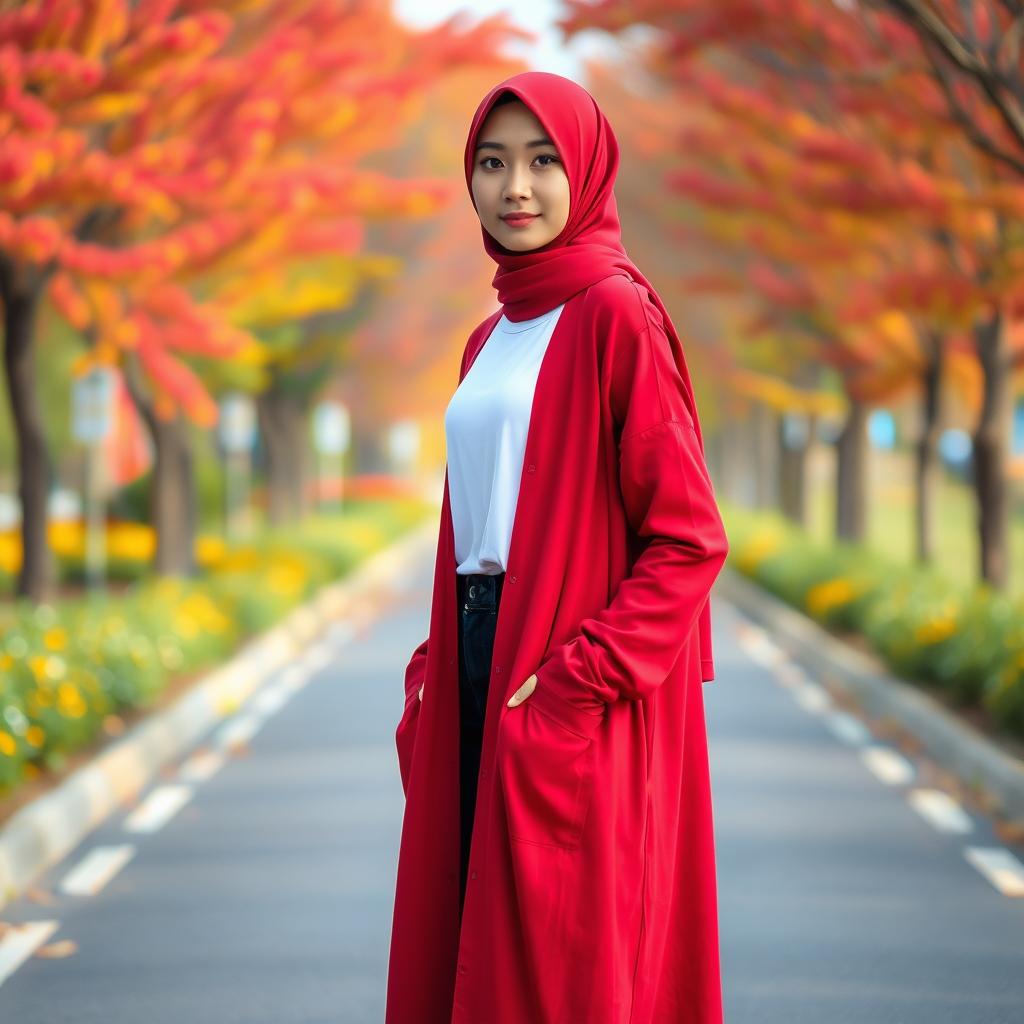 A beautiful Korean woman wearing a red hijab, long-sleeved t-shirt, and a long cardigan, standing full body on the side of the road