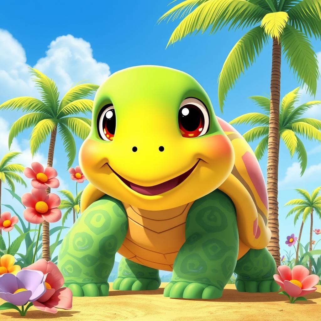 A giant turtle named Atlas, depicted in a vibrant cartoon style