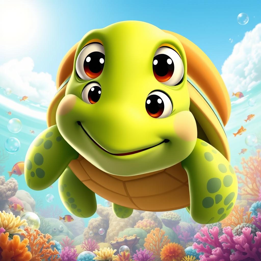 A giant cartoon turtle named Atlas, characterized by a joyful expression and oversized, expressive eyes