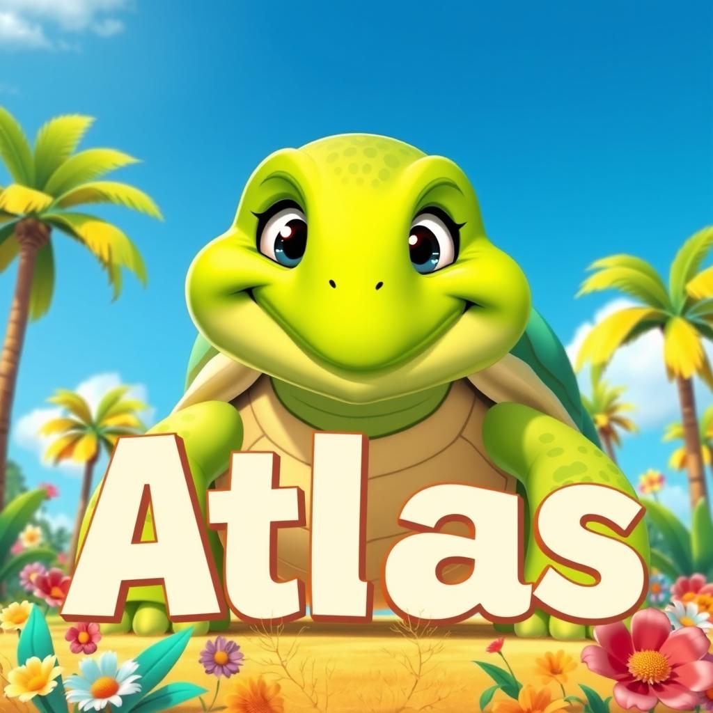 A giant turtle in a vibrant cartoon style, prominently featuring the name 'Atlas' in bold, playful lettering across the image