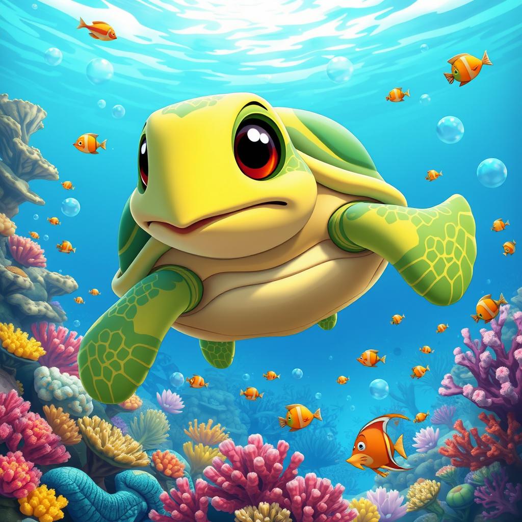 A giant turtle named Atlas depicted in a vibrant cartoon style, swimming gracefully through a beautiful ocean