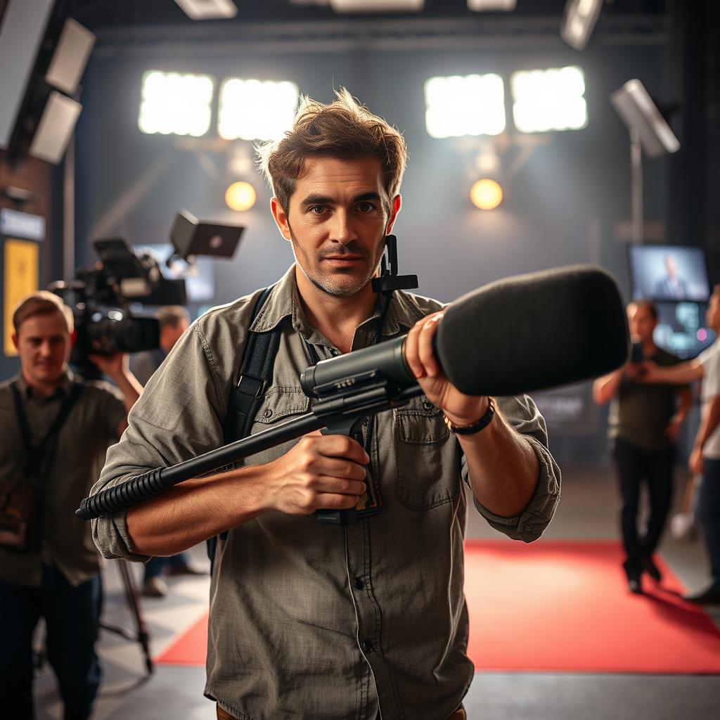 A dynamic scene featuring a skilled sound technician holding a boom microphone shotgun with a wind cover, capturing audio during a film shoot